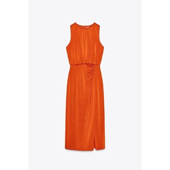 Zara Womens Midi Dress M Orange Sleeveless satin effect Side Slit 2544/313 NWT - Picture 3 of 10